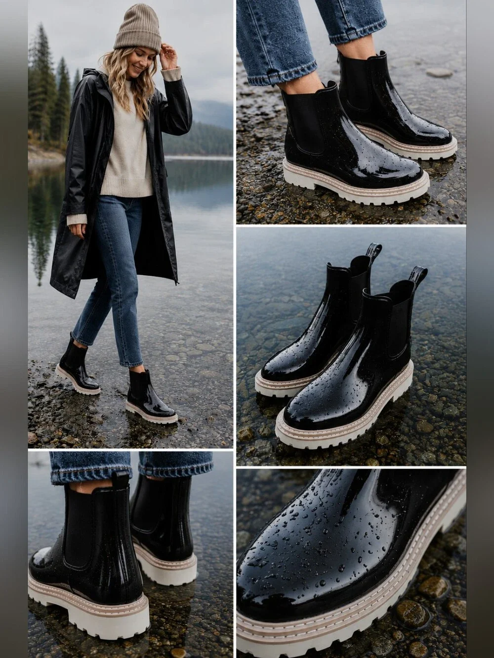 Dolce Vita Stormy H2O Waterproof Chelsea Rain Boots Black Cream Lug Sole Size 11